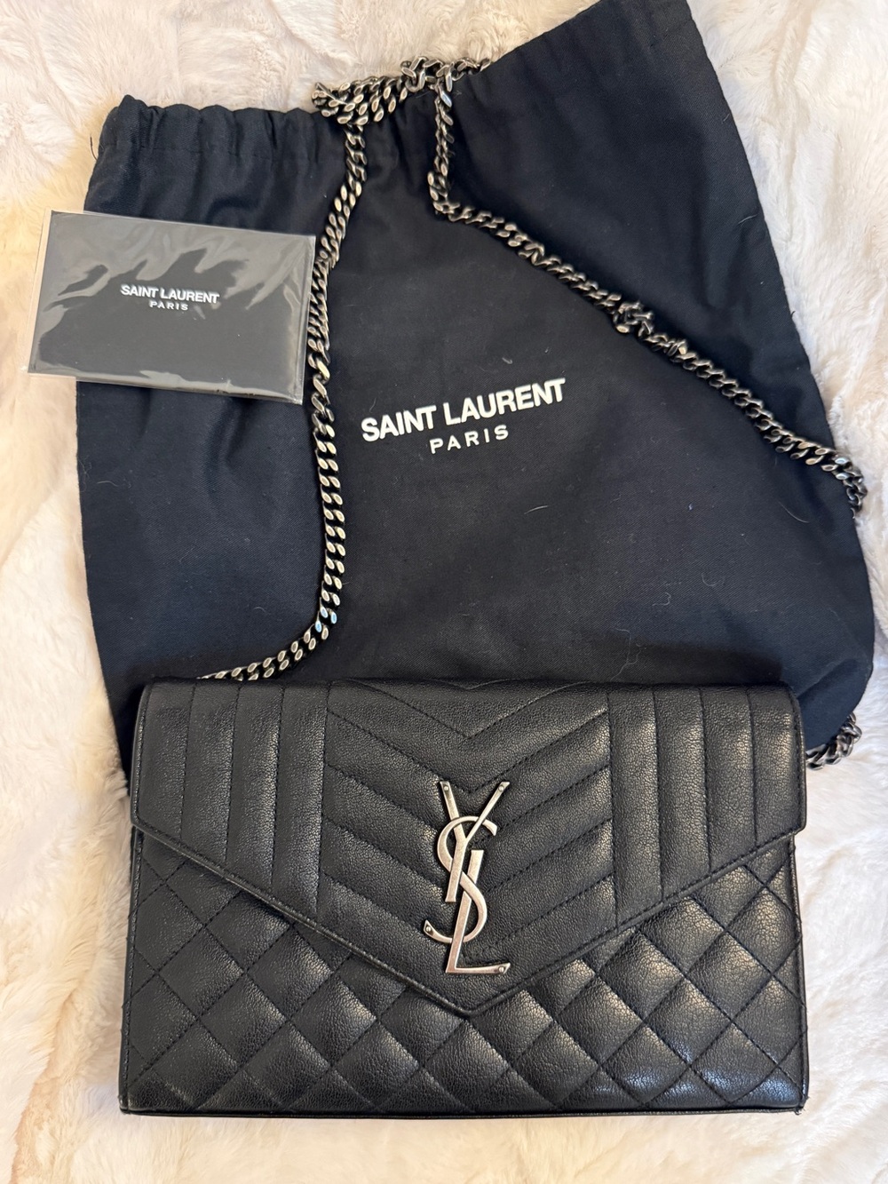 Saint Laurent Triquilt black wallet on chain WOC with aged silver hardware